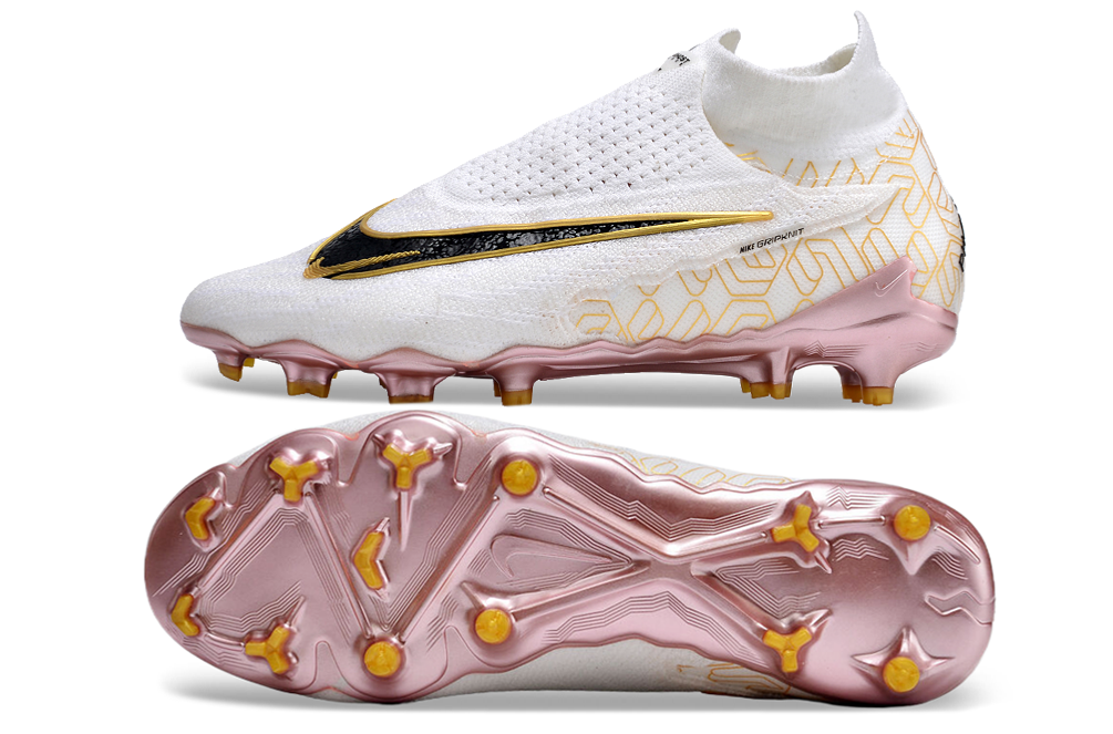 Chuteiras Nike Phantom GX Elite DF FG – Cano Alto Branco Ouro, Tamanhos 39 ao 45