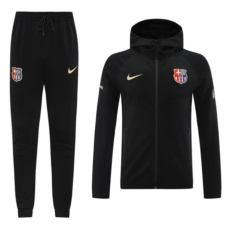 Conjunto de Fato Treino Hoodie Preto com Zíper Completo e Calças Longas da Barcelona 24/25